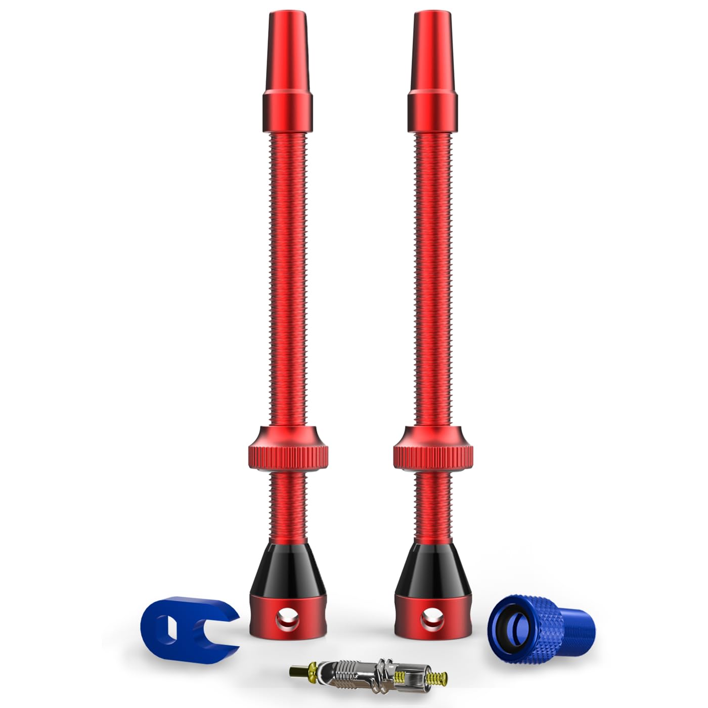 Shredr. Tubeless Ventile Set | Presta Ventile für Schlauchlos-Reifen | Superleichtes Alu, bunt eloxiert, französisches Ventil | inkl. Ventil-Adapter, Ersatz-Ventil und Werkzeug. (rot, 80mm) von Shredr.