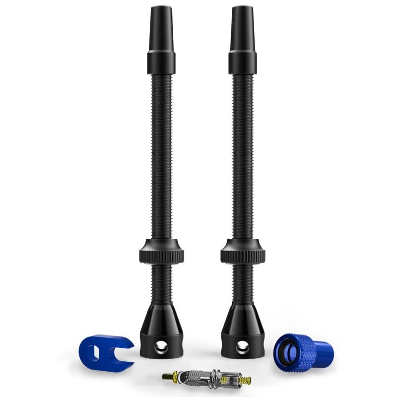 Shredr. Tubeless Ventile Set | Presta Ventile für Schlauchlos-Reifen | Superleichtes Alu, bunt eloxiert, französisches Ventil | inkl. Ventil-Adapter, Ersatz-Ventil und Werkzeug. (schwarz, 80mm) von Shredr.