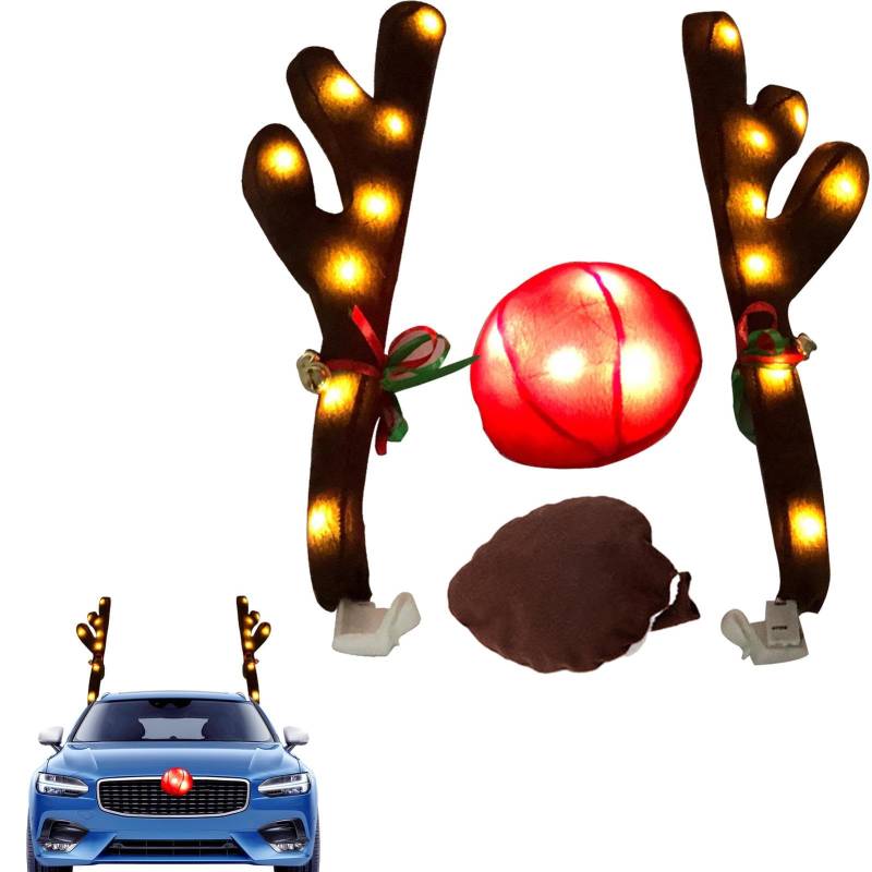 Weihnachtliches Auto-Rentiergeweih und rote Nase, Auto-Geweih mit LED-Licht, Auto-Geweih und Nase mit Schwanz, Auto-Dekoration, Rentier-Kit mit Glöckchen, Auto-Weihnachtsdekorationen für Automobil-LKW von Shurzzesj