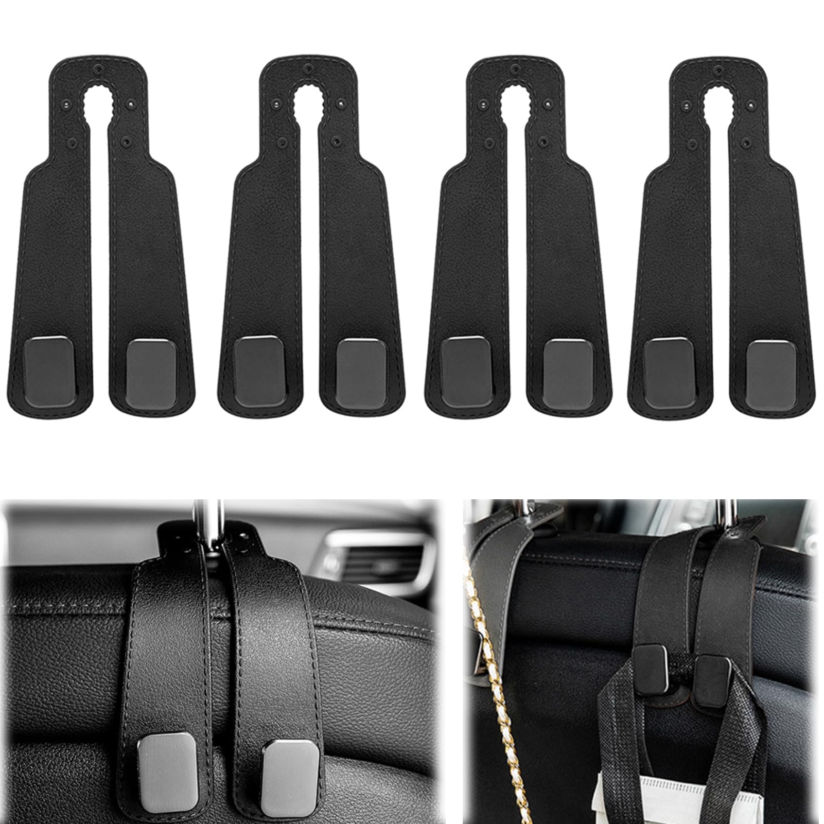 4 Stück Auto Lagerung Haken, Auto Kopfstützen Haken, Leder Doppelhaken für Autositzrückseite, Universal Auto Haken Aufbewahrungshaken für Autositz Handtaschen und Handy Geldbörsen Taschenhaken von Silkwish