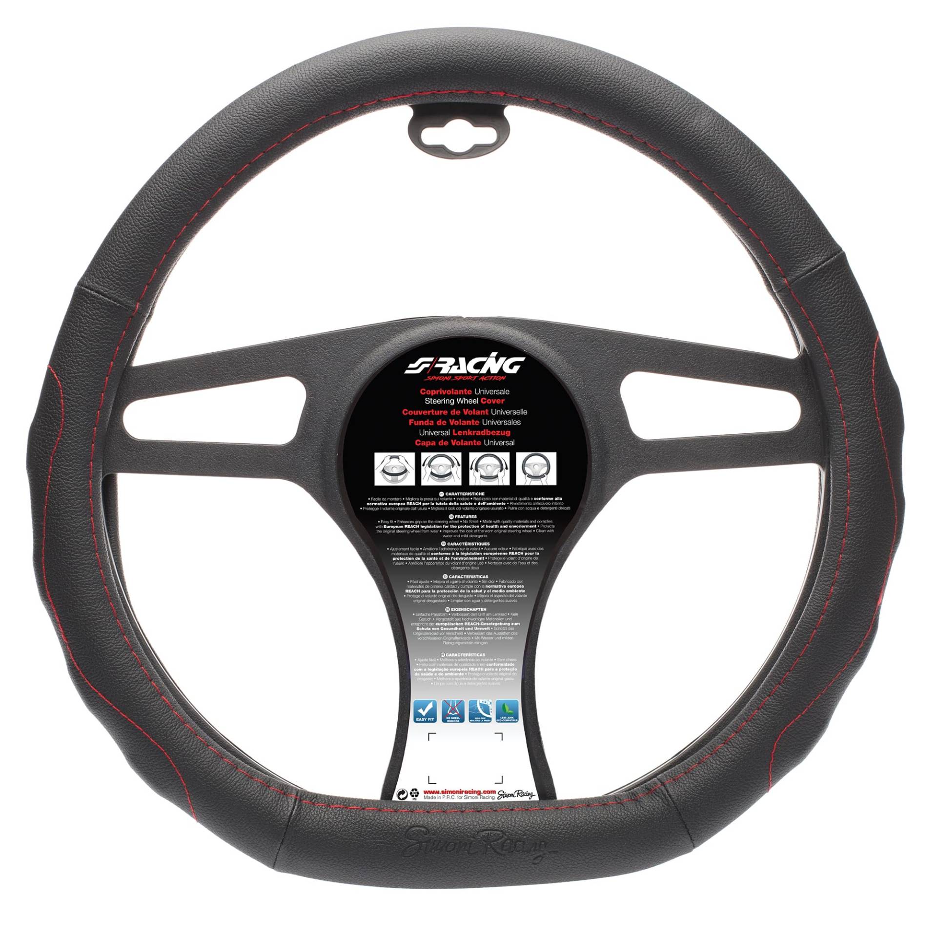 Simoni Racing Lenkradbezug Compe - Schwarz Ökoleder + Rote Nähte - 37-39cm von Simoni Racing