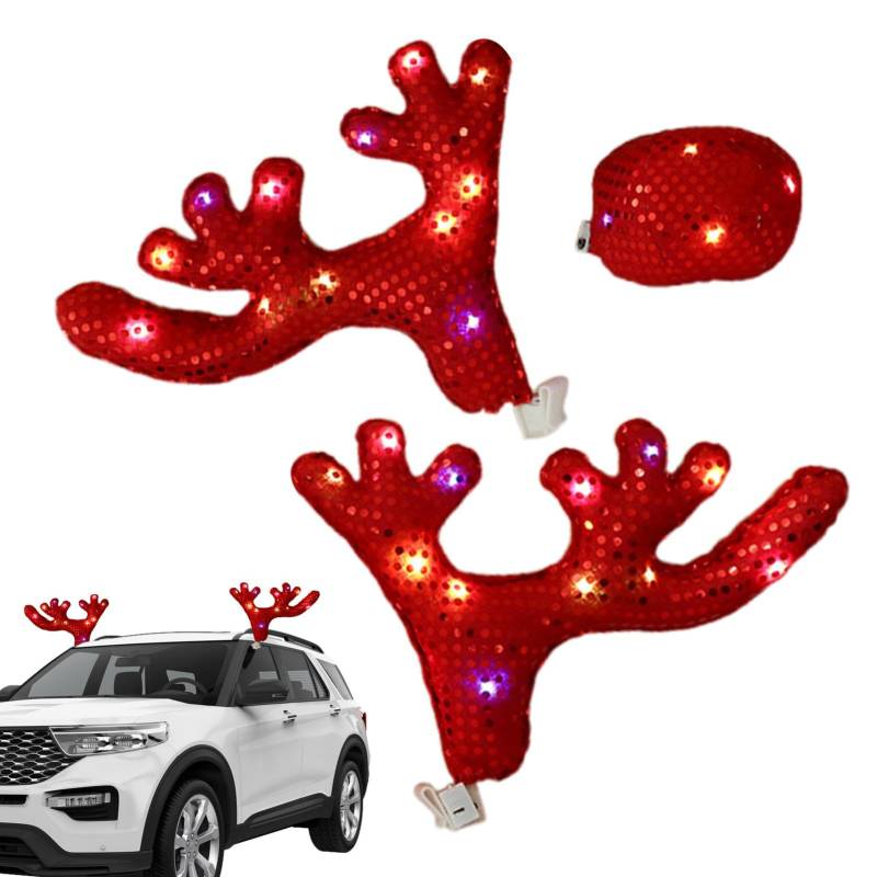 Rentiergeweih Für Auto, Rentier Auto Weihnachtsdeko, Weihnachten Auto Rentier Geweih Und Rote Nase Set, Weihnachtsauto Dekorationen Elch Geweih Kit, Auto-Kostüm-Zubehör Für LKW, Autos von Siuwddee