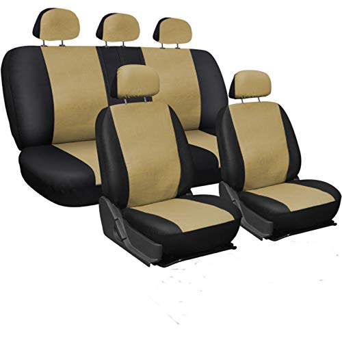 Skdvy AutositzbezüGe Pu Leder,Auto-Sitzbezug Universal-Autositz-Abdeckung Protector PU. Lederfront- und Rücksitz-Rückenkissen Pad Mat Rückenlehne for Auto-Innenwagen SUV Limousine(Black Beige) von Skdvy