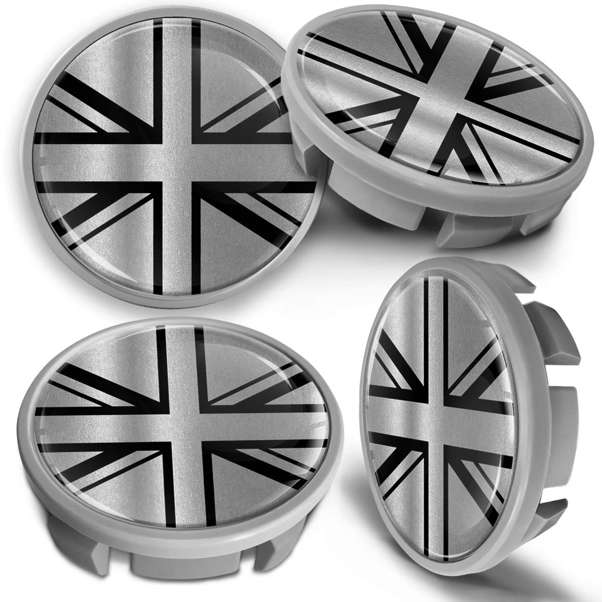 SkinoEu 4 x 65mm Nabendeckel Felgendeckel Radnabenabdeckung Nabenkappen Felgenkappen Radkappen Alufelgen Kompatibel mit VW 3B7 601 171 / 6U7 601 171 Silber UK Flagge Union Jack Großbritannien CVS 9 von SkinoEu