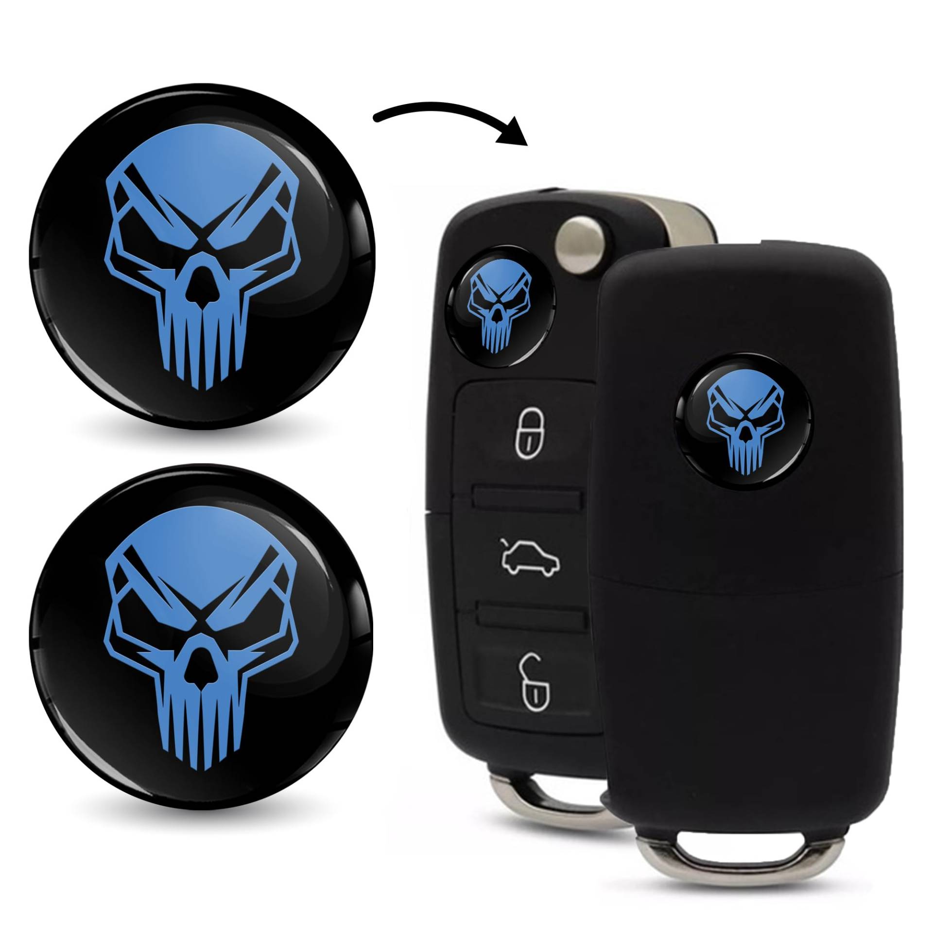 SkinoEu 2 x Ø14mm 3D Schlüssel Emblem Aufkleber Stickers Für Fernbedienung Auto Moto Logo Key Badge Tuning Blau Schwarz Schädel Totenkopf KS 212 von SkinoEu