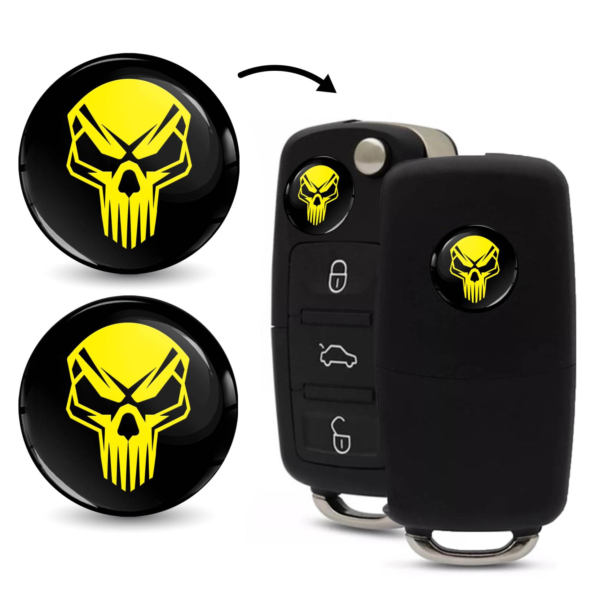 SkinoEu 2 x Ø14mm 3D Schlüssel Emblem Aufkleber Stickers Für Fernbedienung Auto Moto Logo Key Badge Tuning Gelb Schwarz Schädel Totenkopf KS 193 von SkinoEu