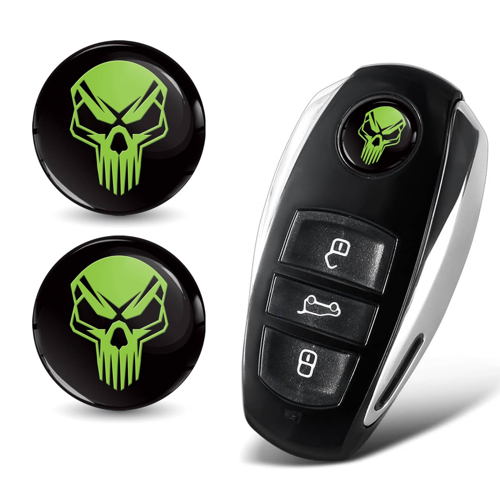 SkinoEu 2 x Ø14mm 3D Schlüssel Emblem Aufkleber Stickers Für Fernbedienung Auto Moto Logo Key Badge Tuning Grün Schwarz Schädel Totenkopf KS 191 von SkinoEu