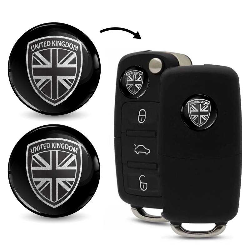 SkinoEu 2 x Ø14mm 3D Schlüssel Emblem Aufkleber Stickers Für Fernbedienung Auto Moto Logo Key Badge Tuning Schwarz Silber UK Union Jack KS 111 von SkinoEu