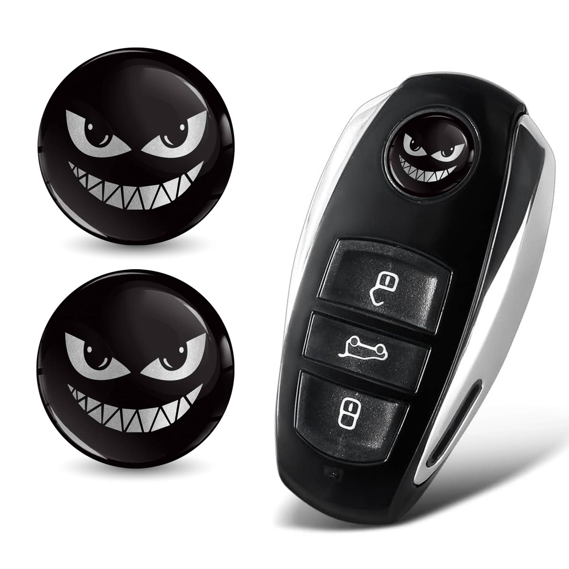 SkinoEu 2 x Ø14mm 3D Schlüssel Emblem Aufkleber Stickers Für Fernbedienung Auto Moto Logo Key Badge Tuning Silber Schwarz Lächeln-Monster KS 137 von SkinoEu