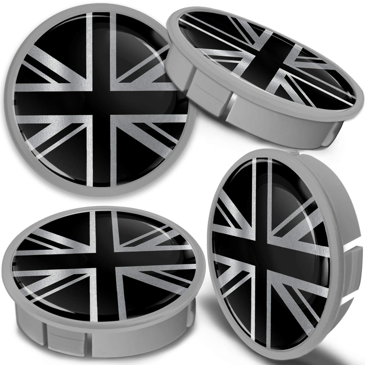 SkinoEu 4 x 60mm Silber Schwarz UK Union Jack Flagge Fahne Alufelgen Nabenkappen Felgen Kappen Felgendeckel Radkappen Radnabendeckel Nabendeckel Felgenkappen Radnabendeckung CXS 1 von Skino