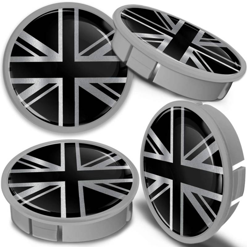 SkinoEu 4 x 60mm Silber Schwarz UK Union Jack Flagge Fahne Alufelgen Nabenkappen Felgen Kappen Felgendeckel Radkappen Radnabendeckel Nabendeckel Felgenkappen Radnabendeckung CXS 1 von SkinoEu