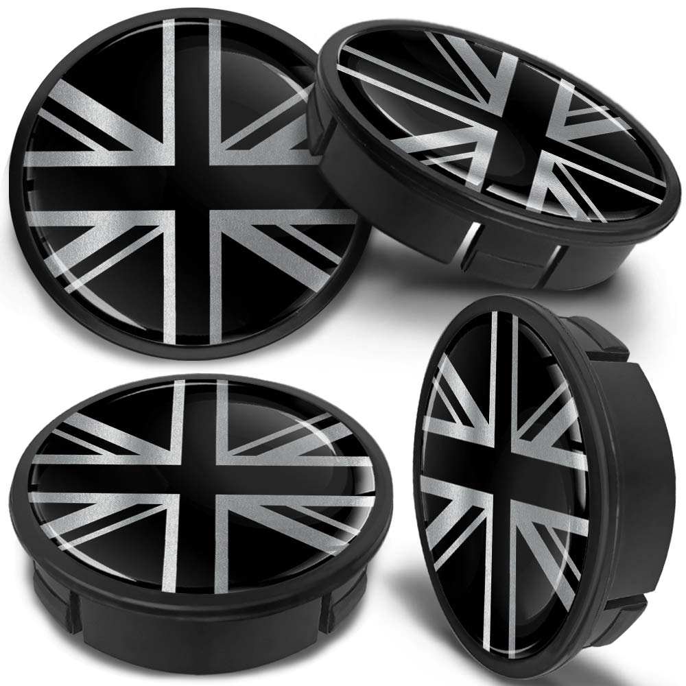 SkinoEu 4 x 60mm Universal Schwarz Silber UK Union Jack Flagge Fahne Alufelgen Nabenkappen Felgen Kappen Felgendeckel Radkappen Radnabendeckel Nabendeckel Felgenkappen CX 29 von Skino