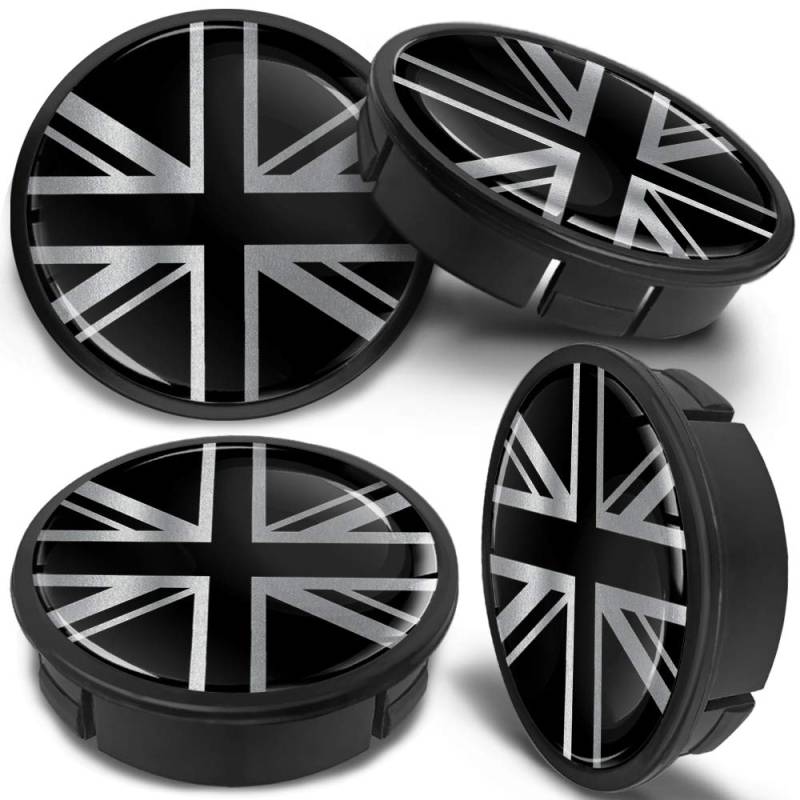 SkinoEu 4 x 60mm Universal Schwarz Silber UK Union Jack Flagge Fahne Alufelgen Nabenkappen Felgen Kappen Felgendeckel Radkappen Radnabendeckel Nabendeckel Felgenkappen CX 29 von SkinoEu