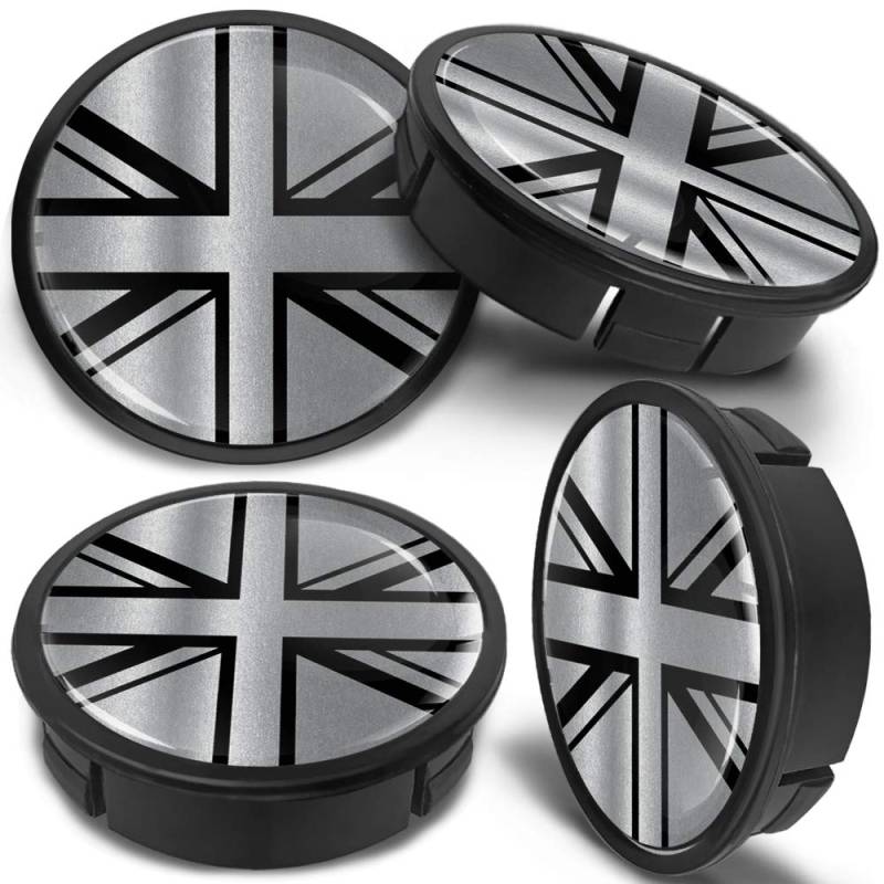 SkinoEu 4 x 60mm Universal Schwarz Silber UK Union Jack Flagge Fahne Alufelgen Nabenkappen Felgen Kappen Felgendeckel Radkappen Radnabendeckel Nabendeckel Felgenkappen CX 30 von SkinoEu