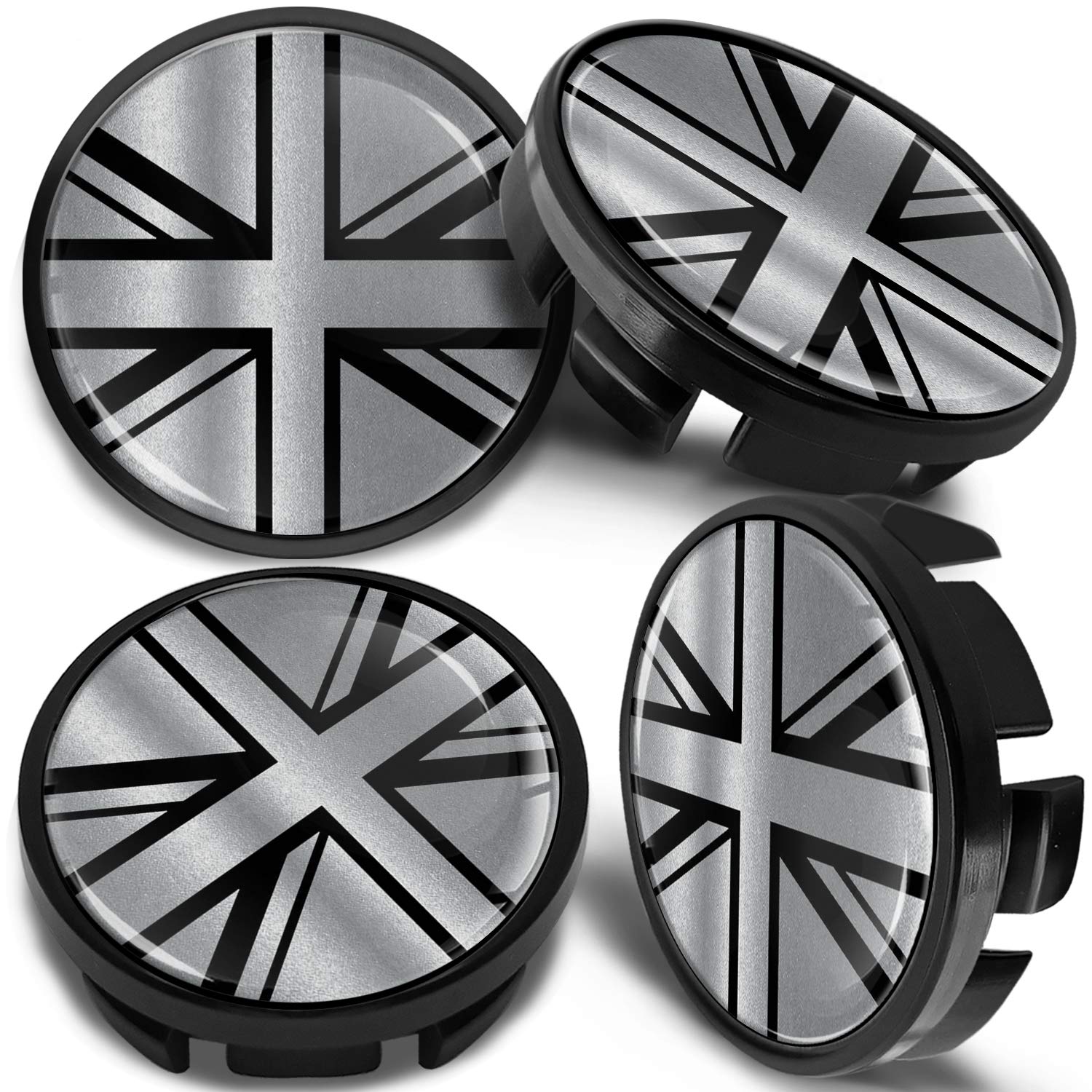 SkinoEu Kompatibel für Nabendeckel VW 65mm Radnabenabdeckung für Alufelgen Felgendeckel Nabenkappe Radkappen UK Großbritannien Flagge Silber CV 30 von Skino