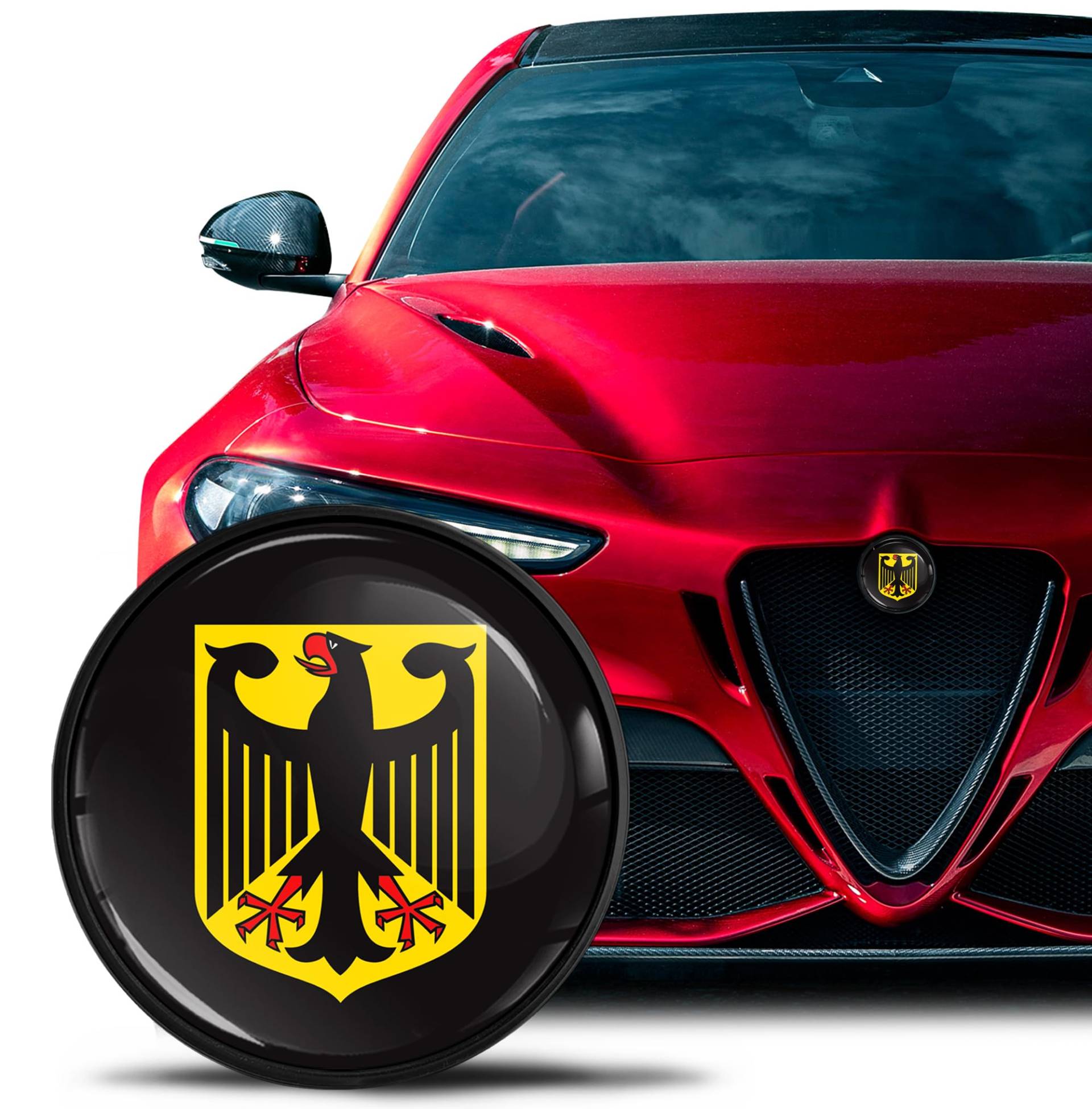 SkinoEu Kompatibel mit Alfa Romeo Emblem Plakette Motorhaube/Kofferraum 74mm für Giulietta 940 MiTo 156 147 159 GT Brera Spider 939 Deutschland Adler Deutsche Flagge EA 20 von SkinoEu