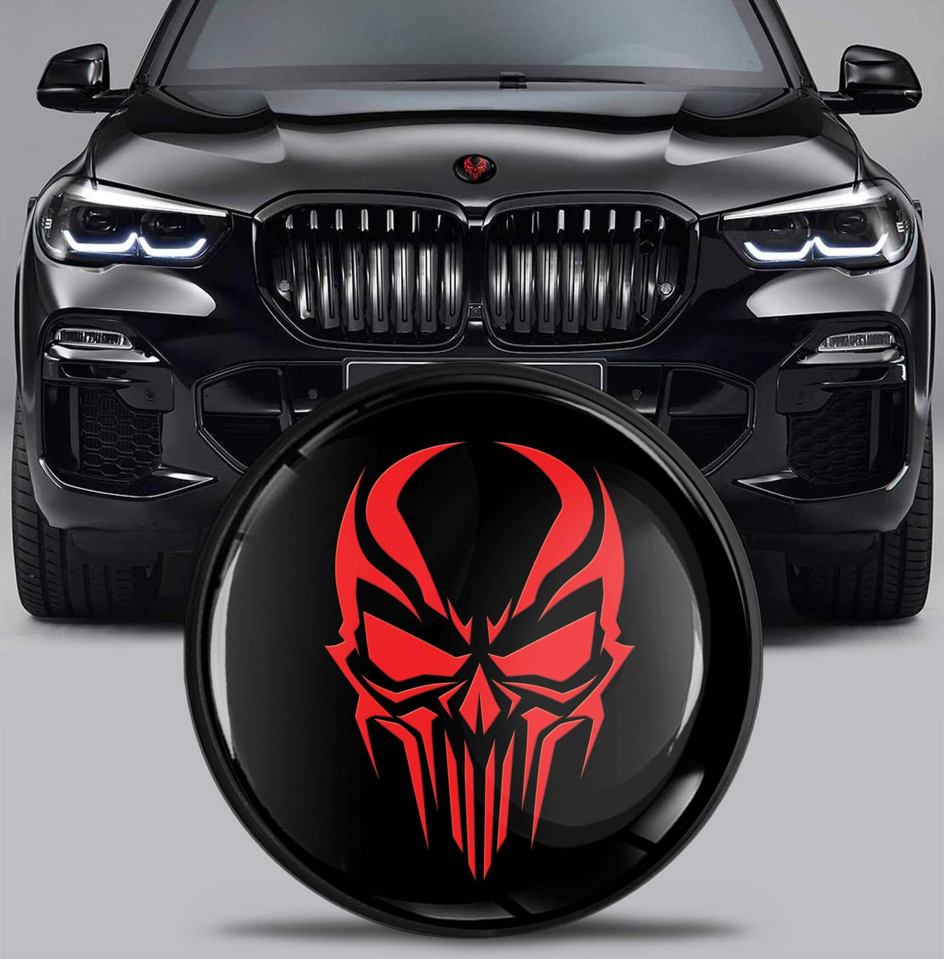 SkinoEu Tuning Emblem für Fronthaube und Kofferraum 82 mm Kompatibel mit BMW Emblem 51767288752 Schädel Totenkopf Schwarz Rot EX 27 von SkinoEu