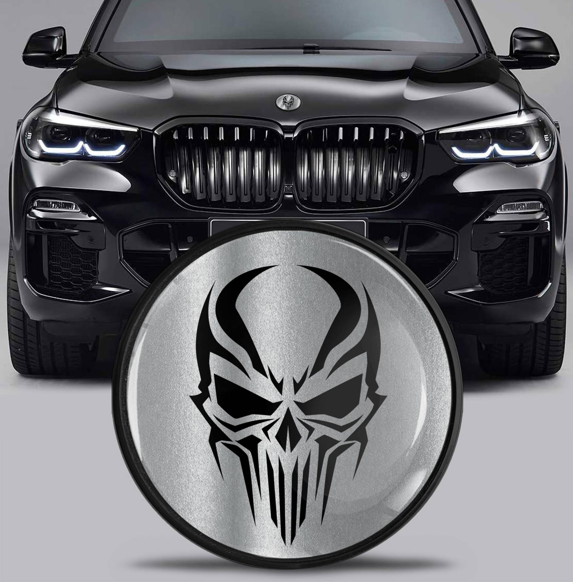 SkinoEu Tuning Emblem für Fronthaube und Kofferraum 82 mm Kompatibel mit BMW Emblem 51767288752 Schädel Totenkopf Schwarz Silber EX 12 von SkinoEu