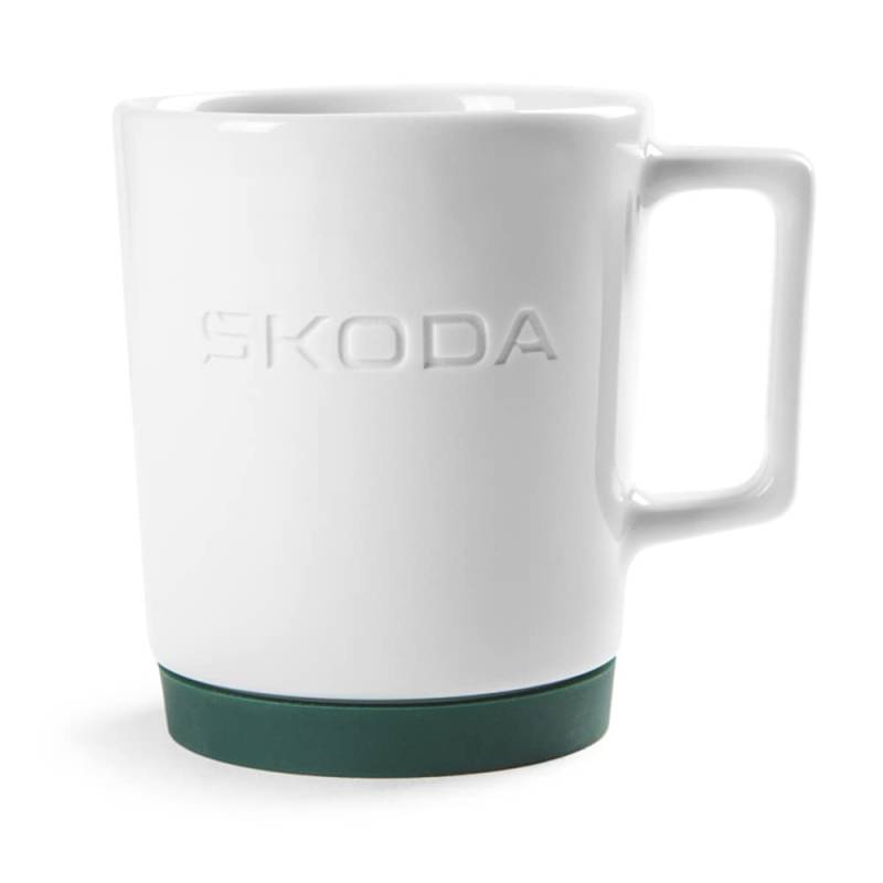 Skoda 6U0069601 Porzellantasse Kaffeetasse Tasse, weiß/grün, mit Silikonuntersetzer von Skoda