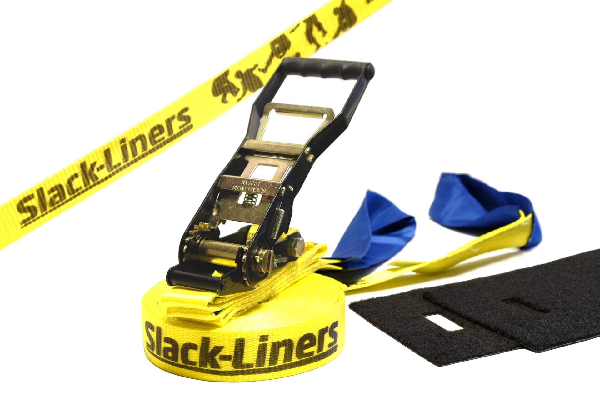 Slack-Liners 4 Teiliges Slackline-Set GELB - 50mm breit, 15m lang - mit Langhebelratsche Made in Germany von Slack-Liners