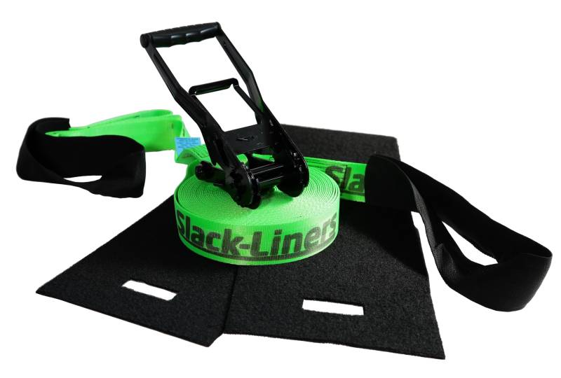 Slack-Liners 4 Teiliges Slackline-Set LEUCHTGRÜN - 50mm breit, 15m lang - mit Langhebelratsche Made in Germany von Slack-Liners