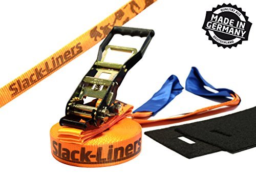 Slack-Liners 4 Teiliges Slackline-Set ORANGE - 50mm breit, 25m lang - mit Langhebelratsche Made in Germany von Slack-Liners