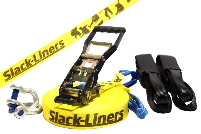 Slack-Liners 6 Teiliges Slackline-Set GELB - 50mm breit, 25m lang - mit Langhebelratsche Made in Germany von Slack-Liners