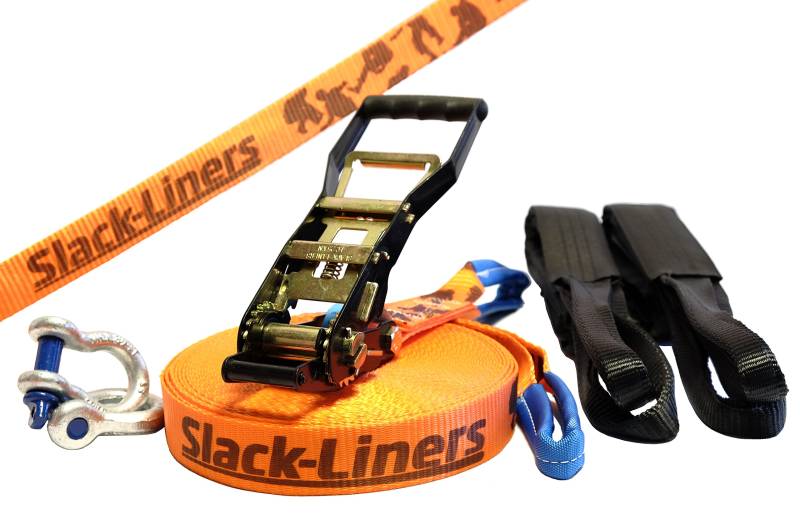 Slack-Liners 6 Teiliges Slackline-Set ORANGE - 50mm breit, 30m lang - mit Langhebelratsche Made in Germany von Slack-Liners