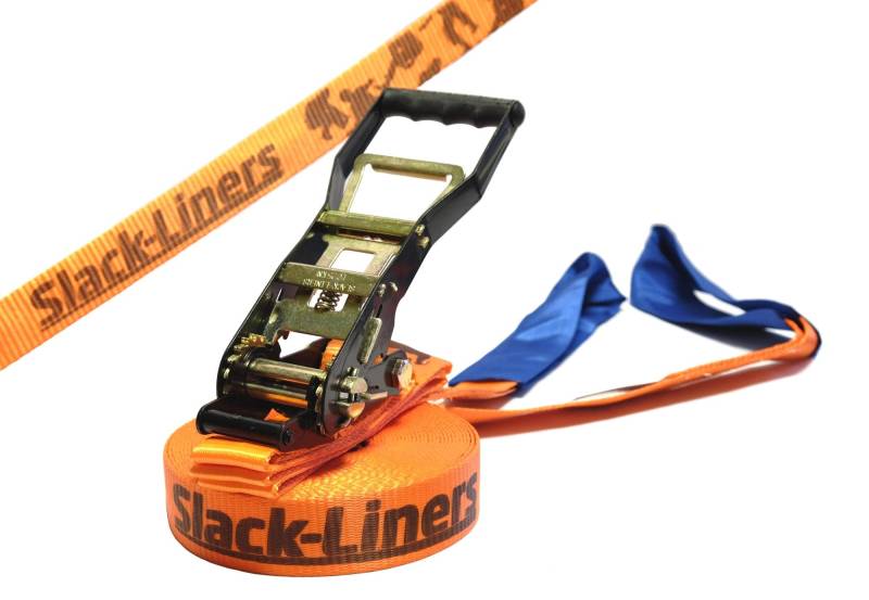 Slack-Liners Slackline Classic Line ORANGE - 50mm breit, 25m lang - mit Langhebelratsche Made in Germany von Slack-Liners