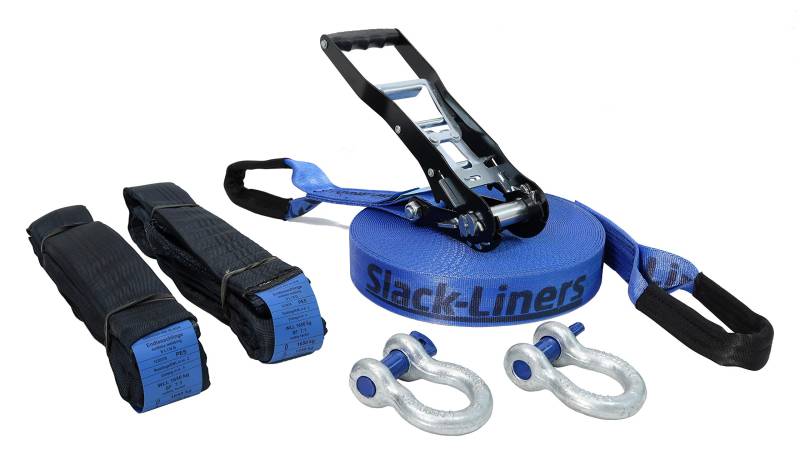 Slack-Liners Slackline Komplett-Set BLAU 6 Teilig - 50mm breit, 25m lang - mit Premium Langhebelratsche Made in Germany von Slack-Liners