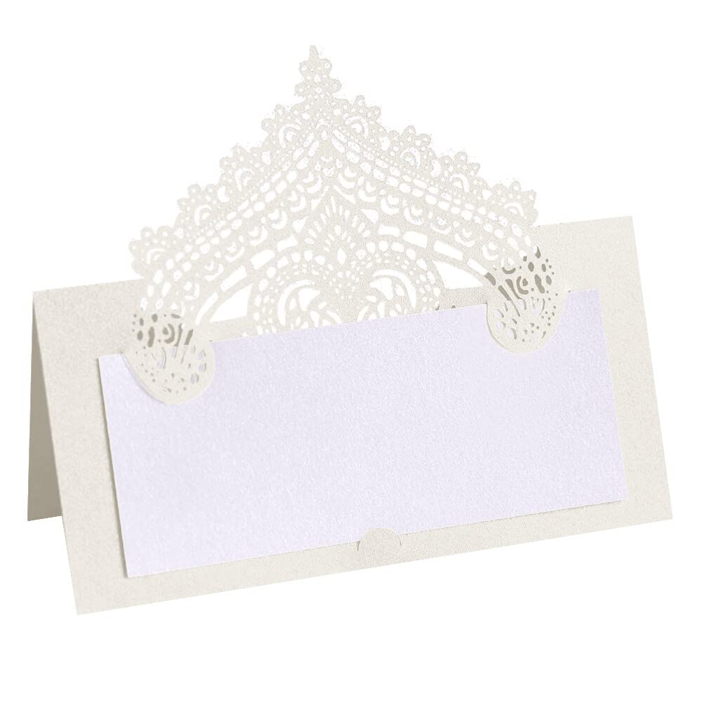 Slakerbe 100 Blatt Tischkarte, 3D Spitze Tischkarten Laser Schnitt Hohle Platzkarte Perlglanzpapier Blanko Namenskarten Tischdeko für Hochzeit Geburtstag Party Taufe Feste, Beige von Slakerbe