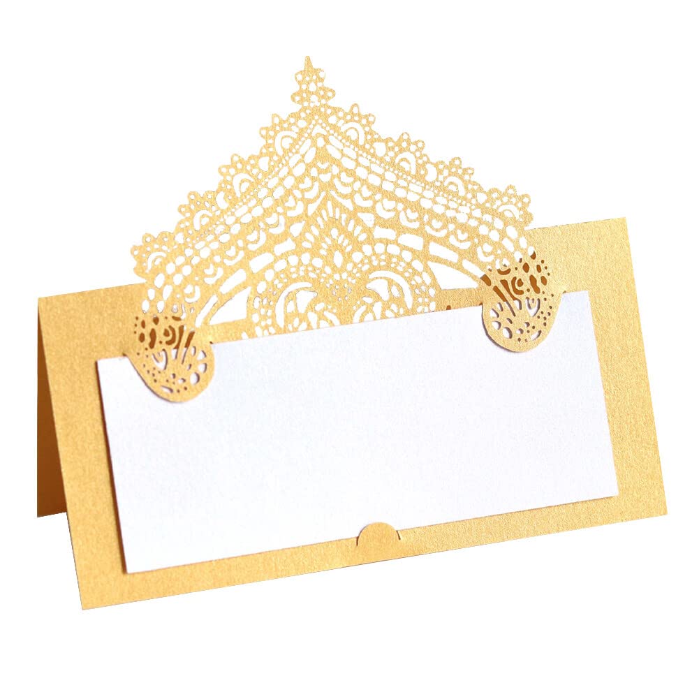 Slakerbe 100 Blatt Tischkarte, 3D Spitze Tischkarten Laser Schnitt Hohle Platzkarte Perlglanzpapier Blanko Namenskarten Tischdeko für Hochzeit Geburtstag Party Taufe Feste, Gold von Slakerbe