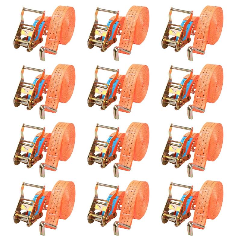 Sleeleece 12 Stück Spanngurte mit Ratsche und Haken - 6m 2000kg 38mm - Ratschen Set - Ratschengurt 2 Teilig - Zurrgurt Orange - 2000 daN 2t - TÜV/GS Geprüft von Sleeleece