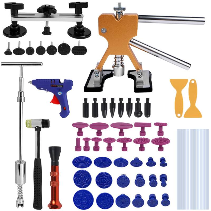 Sleeleece 66pcs Car Dellen Reparaturset Dellen Reparatur Ausbeulwerkzeug Einstellbare Breite Golden Lifter, Gleithammer und Metall Brücken Abzieher für Fahrzeug Dellen Entfernen von Sleeleece