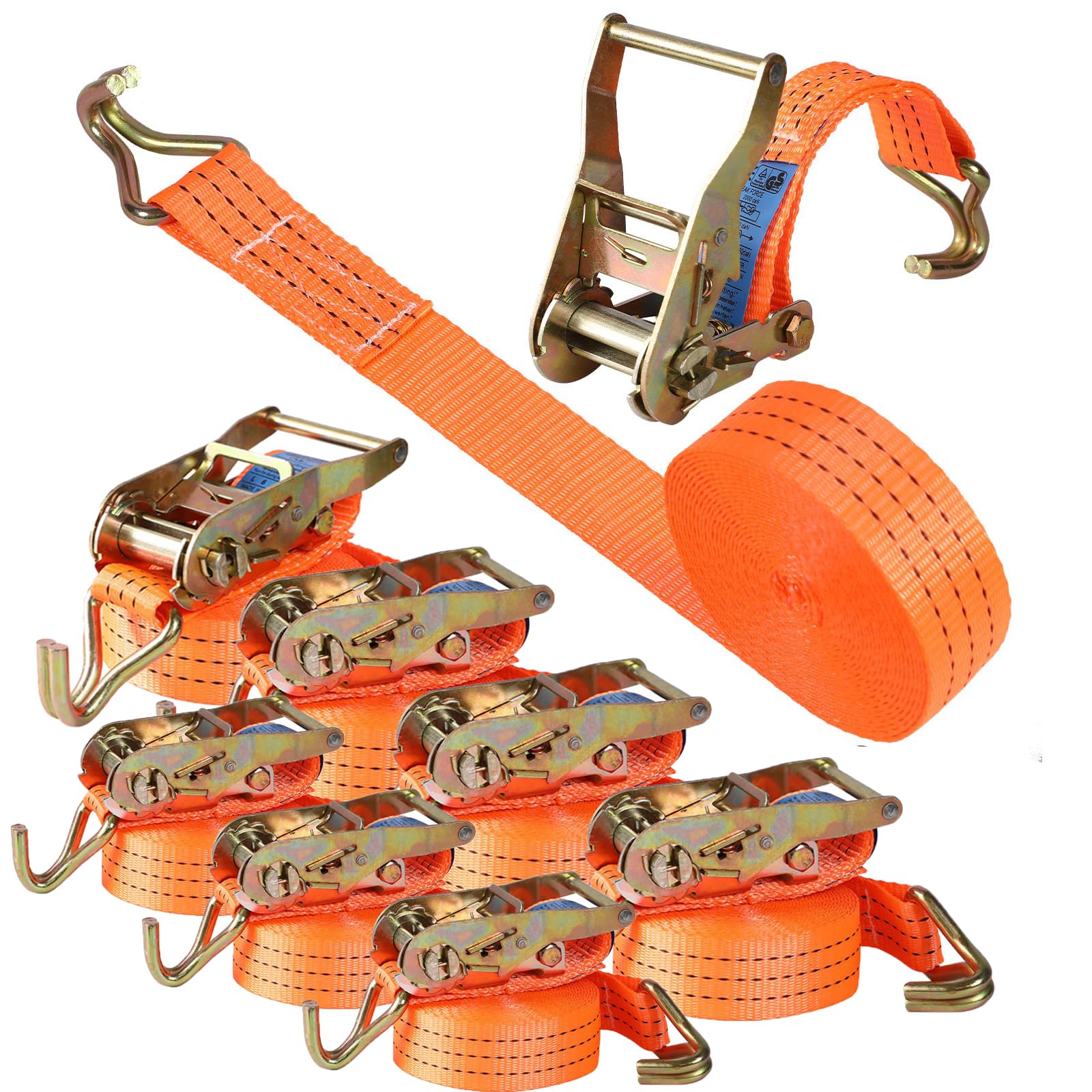 Sleeleece 8 Stück Spanngurte mit Ratsche und Haken - 6m 2000kg 38mm - Ratschen Set - Ratschengurt 2 Teilig - Zurrgurt Orange - 2000 daN 2t - TÜV/GS Geprüft von Sleeleece