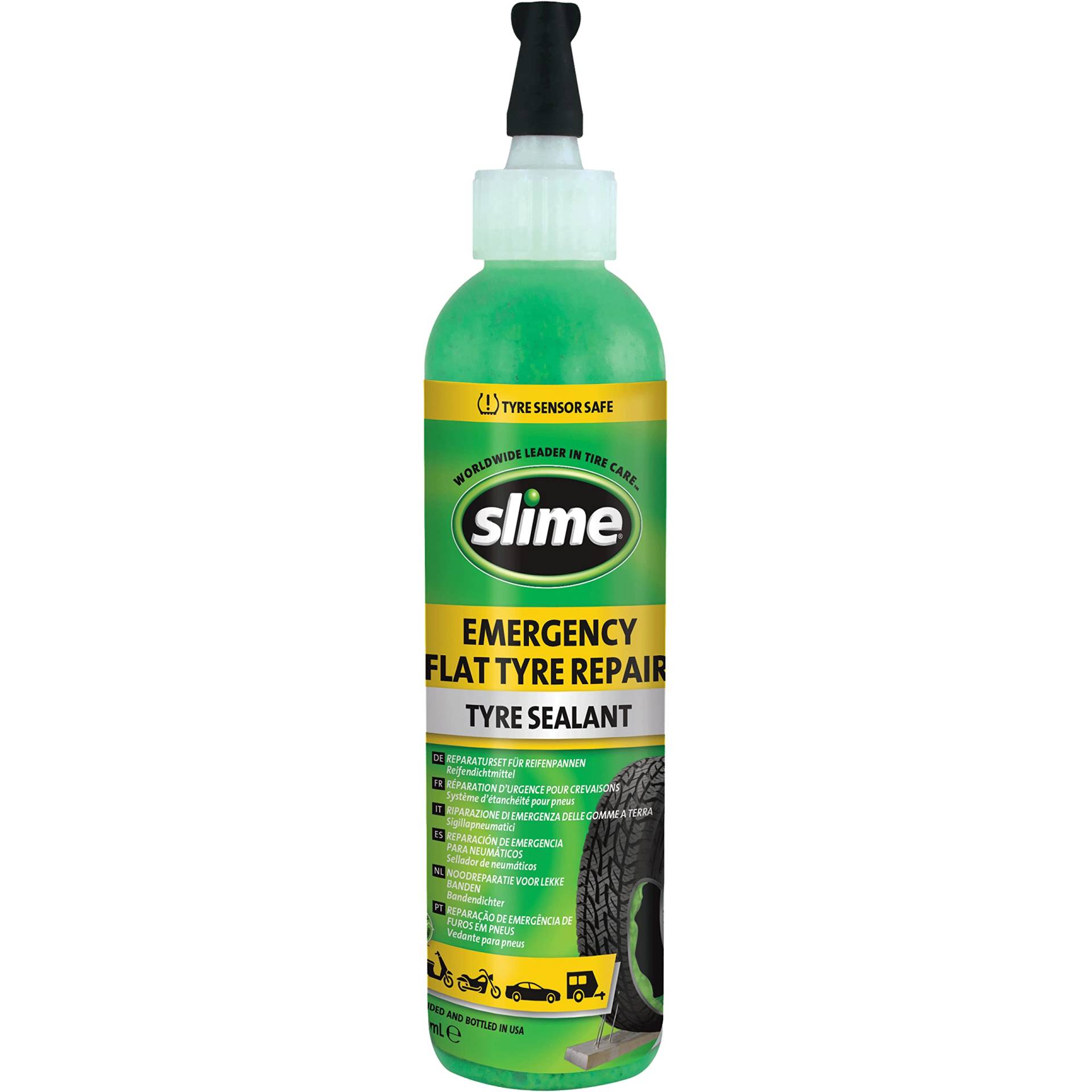 Slime 10016 Dichtmittel für Reifenreparatur bei Platten, Notfallausrüstung, Motorräder, Motorroller, Trailer, Ungiftig, Umweltfreundlich, 237-ml-Flasche (8 oz), grün von Slime