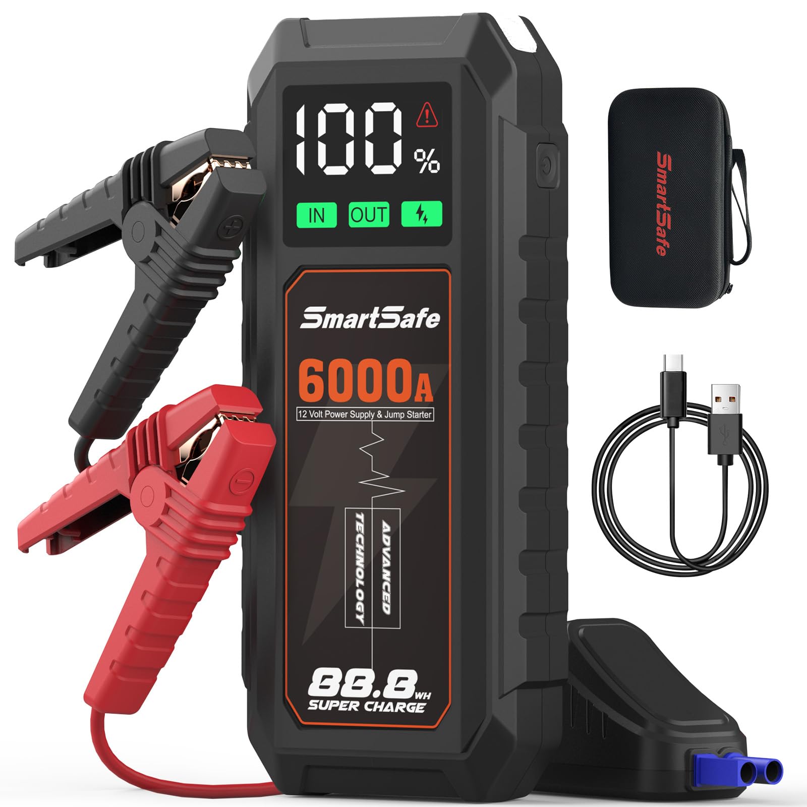 SmartSafe Starthilfe Powerbank 6000A 24000mAh Autobatterie Ladegerät Booster 88.8W Schnellladung mit Intelligentes Starthilfekabel LED Taschenlampe/USB für 10,0L Benzin und 8,0L Dieselmotor von SmartSafe