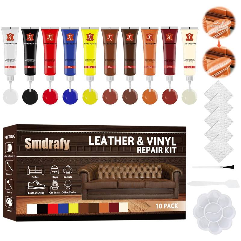 Lederreparatur Creme,10 Farben Leder Reparatur Set,Mischbare Flüssigleder Reparatur Set,Kunstleder Reparaturset,Leder Restaurator,Reparatur Ledersofas, Autositzen,Ledertaschen,Lederjacke,Schuhe von Smdrafy