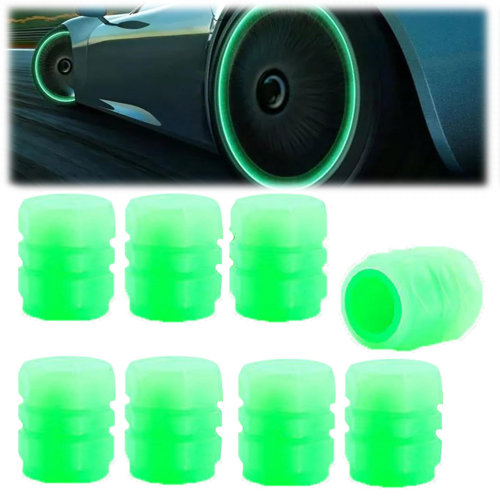 Snrtevu Universal Fluorescent Car Tire Valve Caps, Fluorescent Tire Valve Caps, Dust Caps for Car Tyres, Car Glow Tire Air Caps Cover, Tyre Valve Caps for Cars Motorbikes Bicycles Trucks (Green,8PCS) von Snrtevu