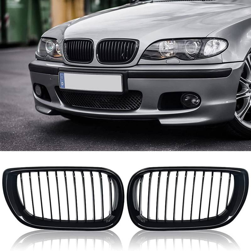 E46 Kühlergrill, Nieren Hochglanz Schwarz Front Grill, Paar Doppelsteg Sport Kühlergrill Ersatz für BMW 3er E46 4 Door 4D 2002-2005 LCI Facelift (Nicht für 2 Türen geeignet) von Soekodu