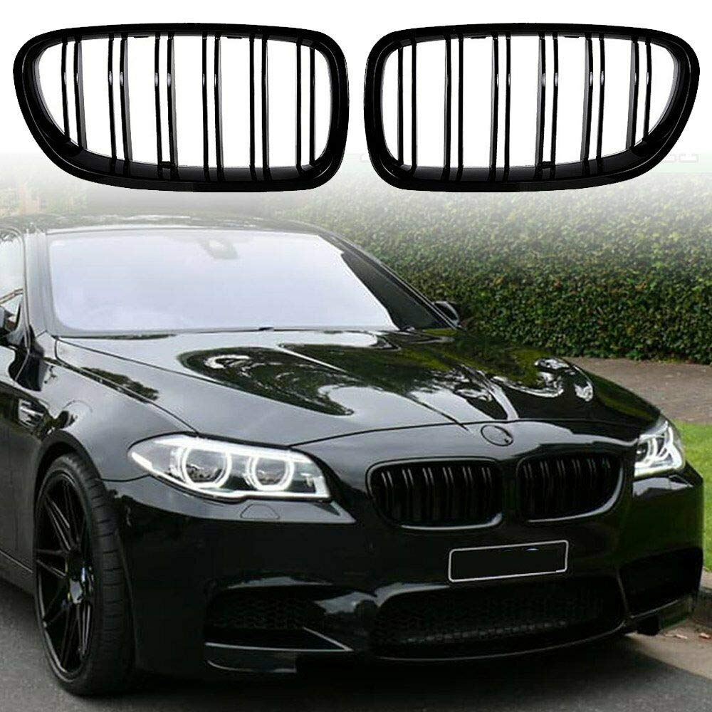 F10 F11 Kühlergrill, Nieren Hochglanz Schwarz Front Grill, Paar Doppelsteg Sport Kühlergrill Ersatz für BMW 5er F10 Limousine F11 Touring M5 2017 2010 2011 2012 2013 2014 2015 2016 2017 von Soekodu