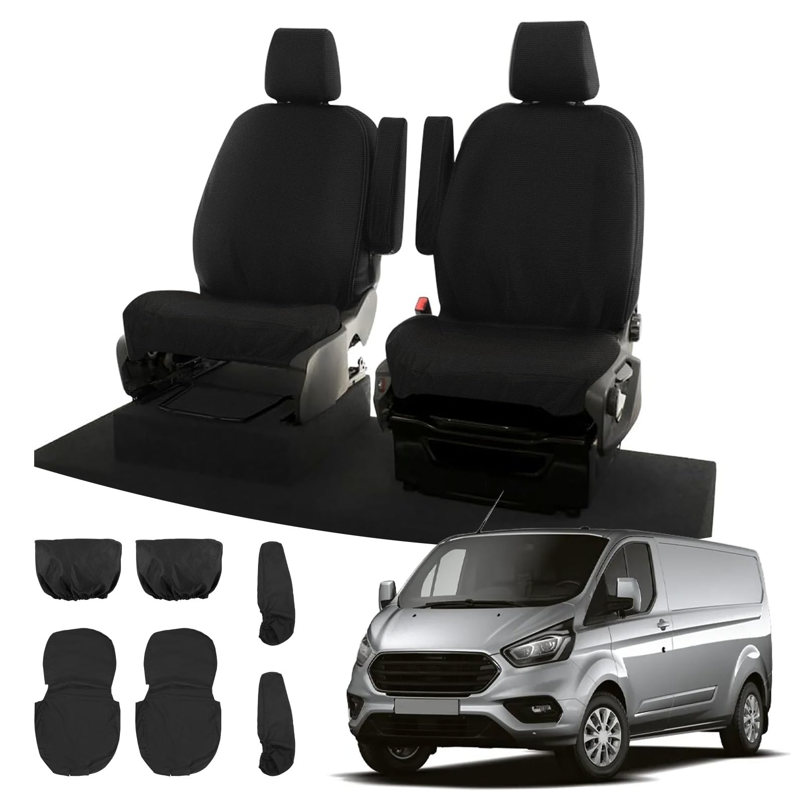 Soekodu Sitzbezüge kompatibel mit Ford Transit Custom 2013-2022 (2 Sitzer), 6er-Set Wasserdichter Vordersitzschutz Schwarze Passform Set für Vorderfahrer und Beifahrer von Soekodu