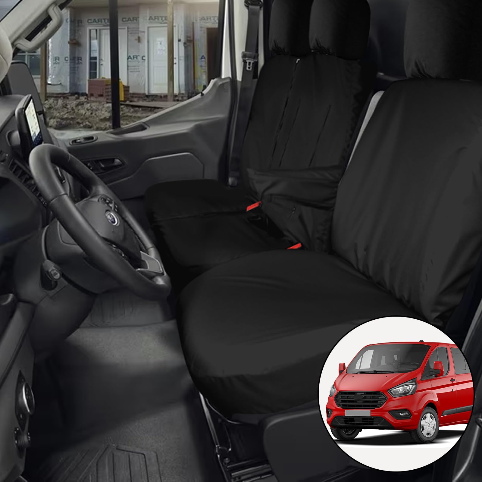 Soekodu Sitzbezüge kompatibel mit Ford Transit Custom 2013-2022 (3 Sitzer), 8er-Set Wasserdichter Vordersitzschutz Schwarze Passform Set für Vorderfahrer und Beifahrer von Soekodu