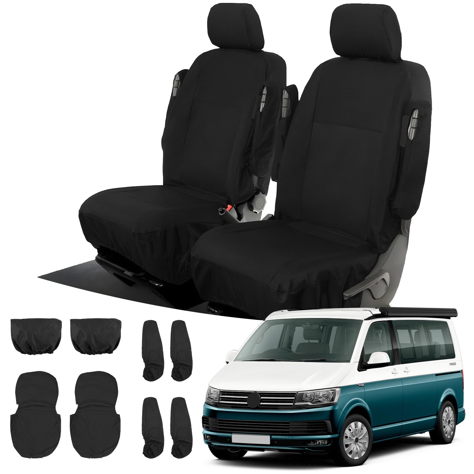 Soekodu Sitzbezüge kompatibel mit VW Transporter T5 T6 2003-2022 (2 Sitzer), 8er-Set Wasserdichter Vordersitzschutz Schwarze Passform Set für Vorderfahrer und Einzelpassagierset von Soekodu