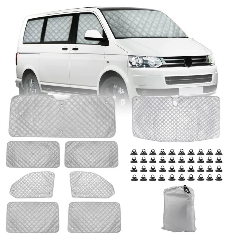 Sonnenschutz Auto Frontscheibe Ersatz für VW T5 T6, 8PCS Sonnenschutz Windschutzscheiben Schutz Set, Internes Thermisches Jalousie Fenster Set mit Aufbewahrungstasche, 100% Okklusion (8PCS-LWB) von Soekodu