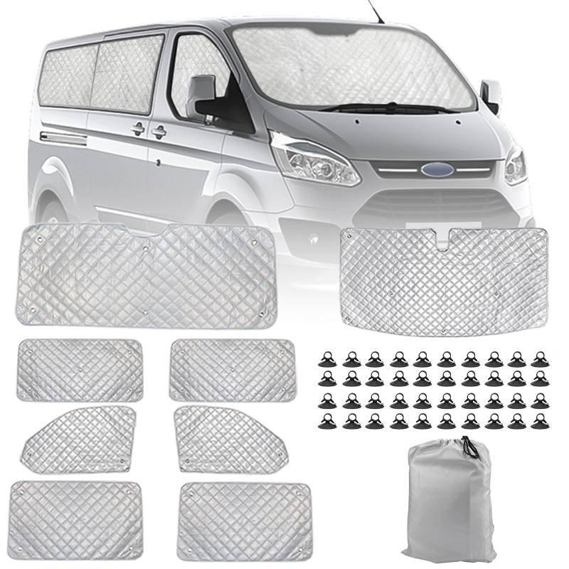 Wohnmobil Windschutzscheibe Sonnenschutz kompatibel mit Ford Transit Custom 2012–2022, 8 Teiliger Sonnenschutz für Frontscheibe, Internes Thermorollo Set mit Aufbewahrungstasche (8PCS-SWB) von Soekodu