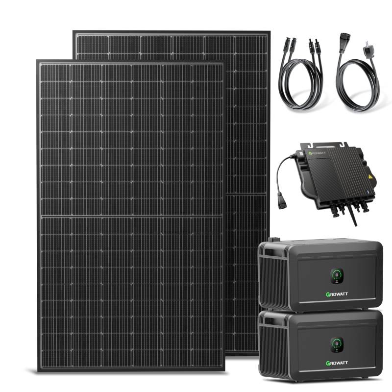 Solakon® 880W Balkonkraftwerk mit Speicher - Balkonkraftwerk 800W komplett Steckdose - neuester 800 Watt Wechselrichter - Growatt NOAH 2000 mit 4 kWh - 440W bifaziale Solarmodule - 10m Kabel von Solakon