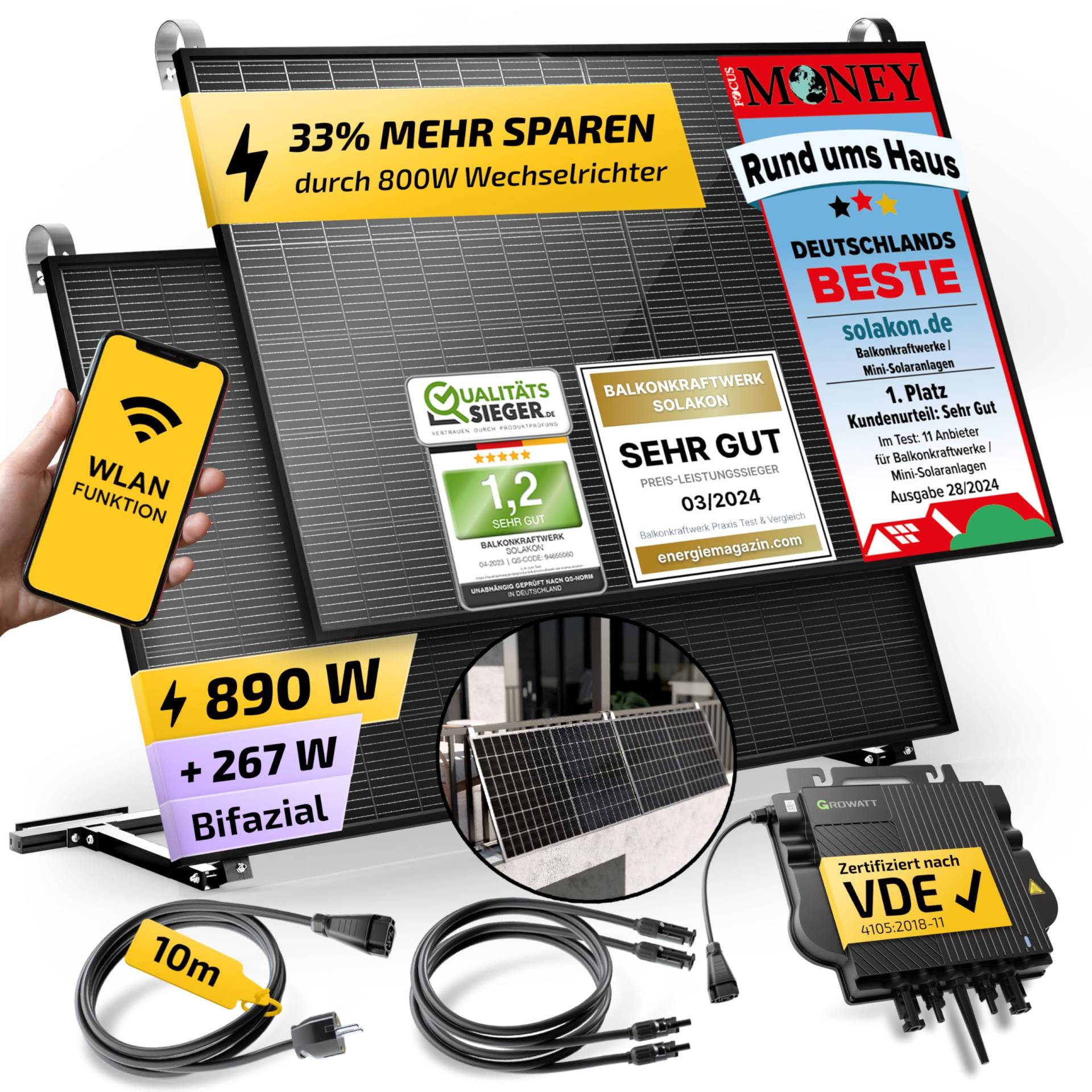 Solakon® 890W Balkonkraftwerk mit Halterung (Balkon) - Balkonkraftwerk 800W komplett Steckdose - neuester 800 Watt Wechselrichter - Solaranlage Komplettset - 445W bifaziale Solarmodule inkl. Zubehör von Solakon