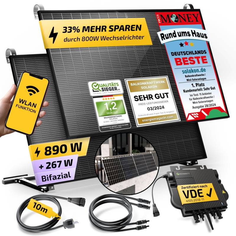 Solakon® 890W Balkonkraftwerk mit Halterung (Balkon) - Balkonkraftwerk 800W komplett Steckdose - neuester 800 Watt Wechselrichter - Solaranlage Komplettset - 445W bifaziale Solarmodule inkl. Zubehör von Solakon