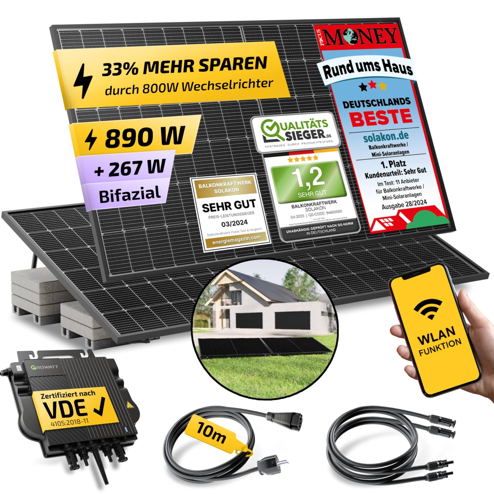 Solakon® 890W Balkonkraftwerk mit Halterung (Flachdach) - Balkonkraftwerk 800W komplett Steckdose - 800 Watt Wechselrichter - Solaranlage Komplettset - 445W bifaziale Solarmodule inkl. Zubehör von Solakon